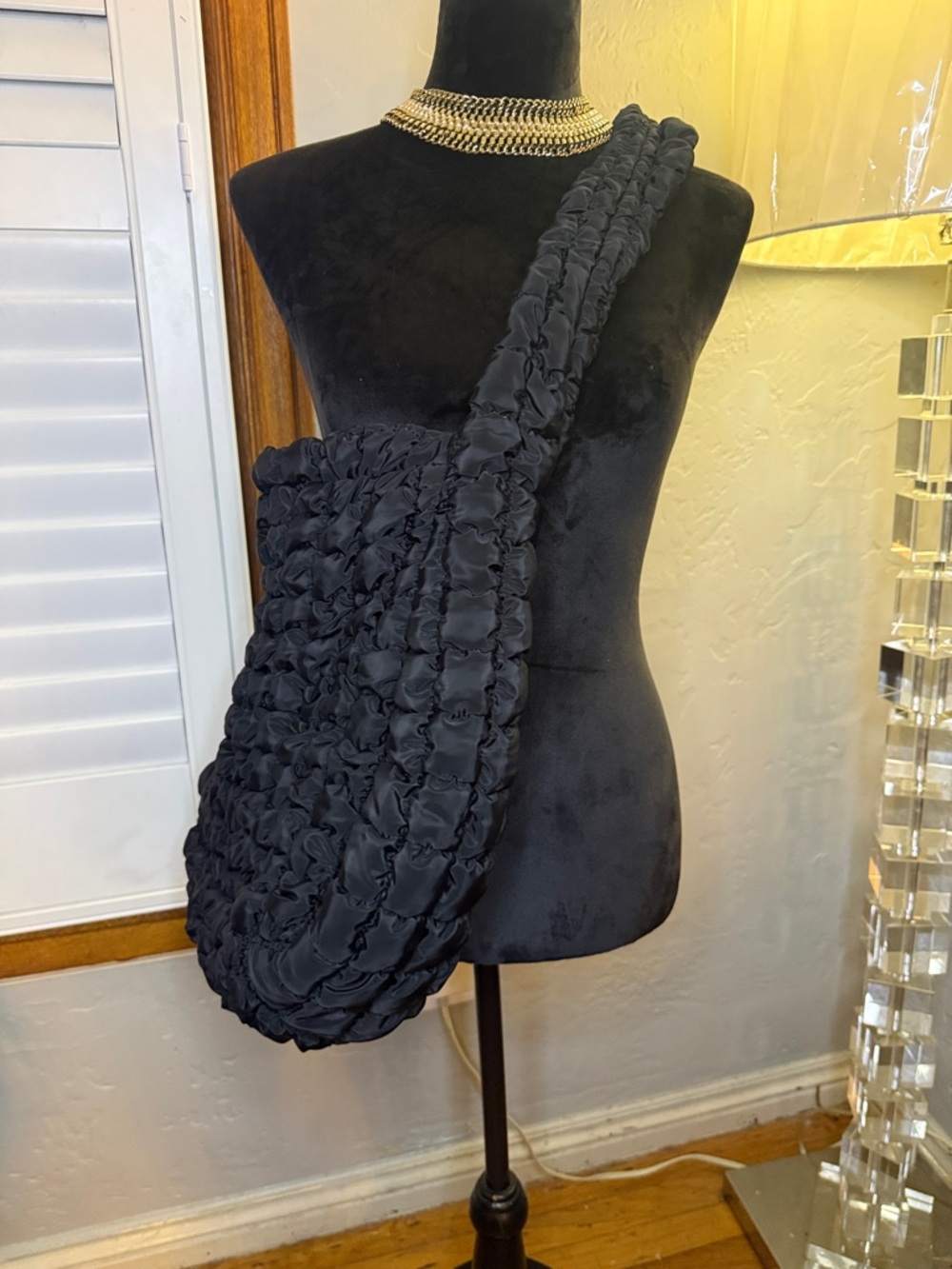 Black Ruched Sling Bag - Womens Shoulder Bag